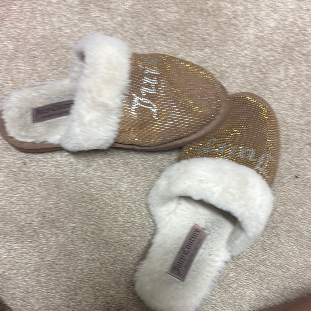 Juicy Couture Gold and White Plush Slippers